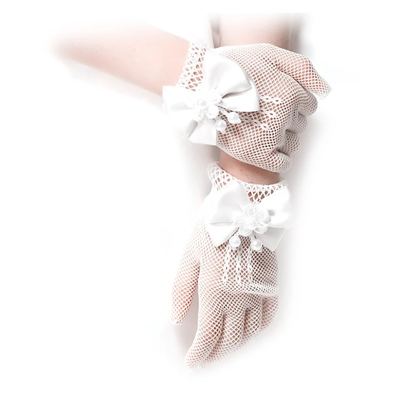 

Beauty Pearl Wedding Gloves for Girls Mesh Evening Children's Holiday Accessories with Halloween Day Birthday Bow Performance Gl