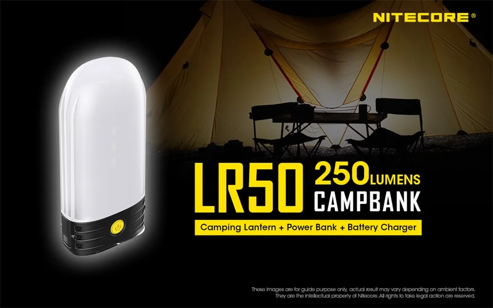 NITECORE LR50 заряжаемый светильник для кемпинга и банка питания 9x высокий CRI светодиоды 250 люмен использует 2x18650 или 4xCR123A батареи