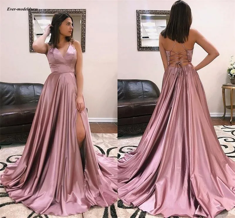 

Sexy Spaghetti Straps Prom Dresses Long Criss-Cross Back Celebrity Party Gowns With High Slit Cheap Customized vestidos de gala