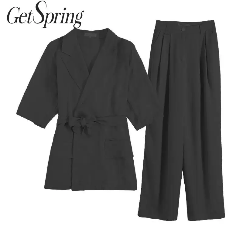 

GETSPRING Women Set Women Suit Sets Three Quarter Bandage Long Suit Coats Leisure High Waist Pants 2 Piece Set Women 2019 Summer