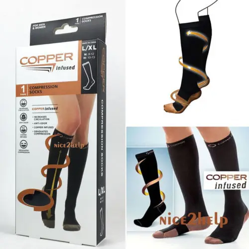 1PAIRs Copper & Fit Energy Compression Stockings Black Size L/XL Unisex