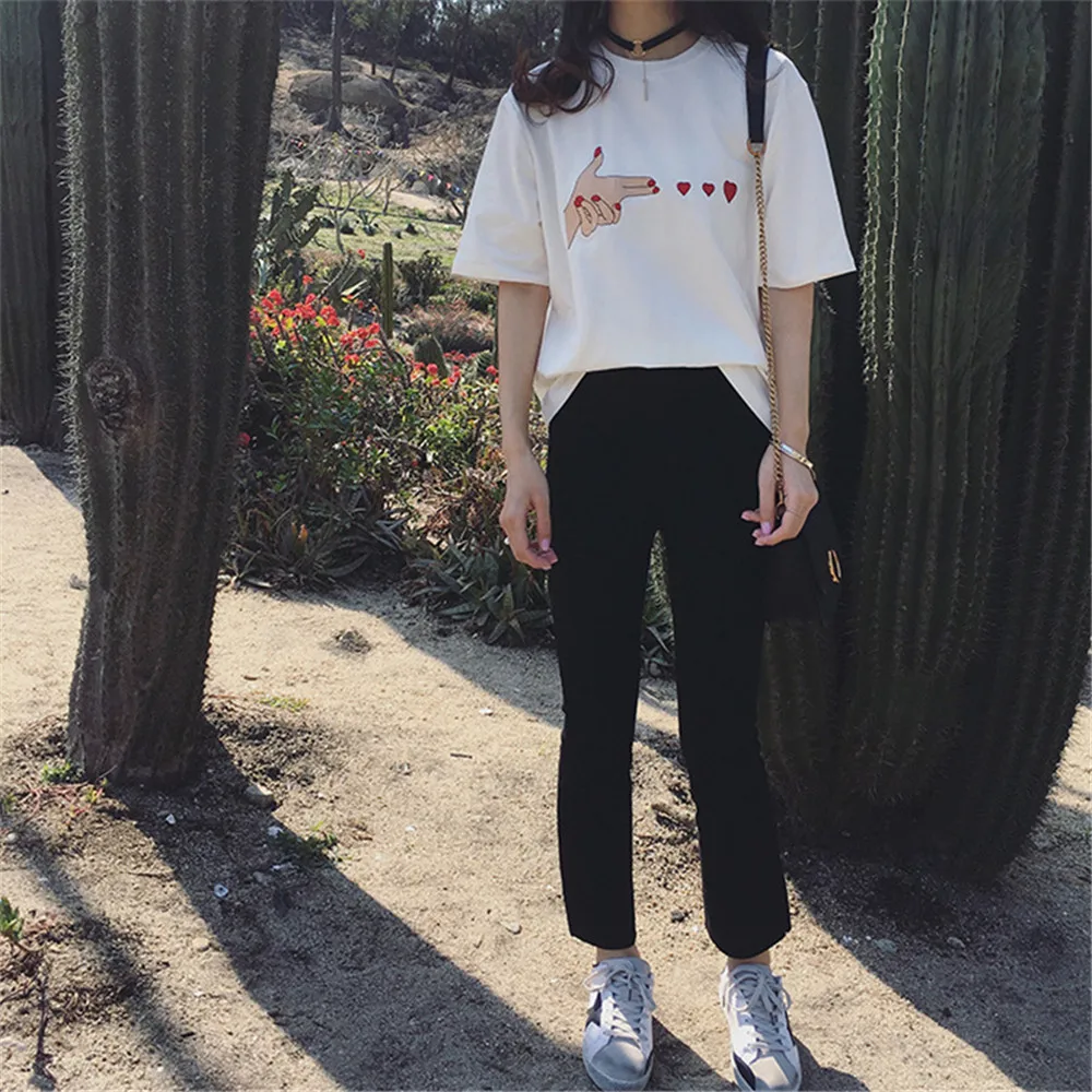 Summer Heart Hit Embroidery Women T Shirt 2017 Women Simple Shirts Casual cool top tee Short Sleeve O Neck loose T-shirt  (3)