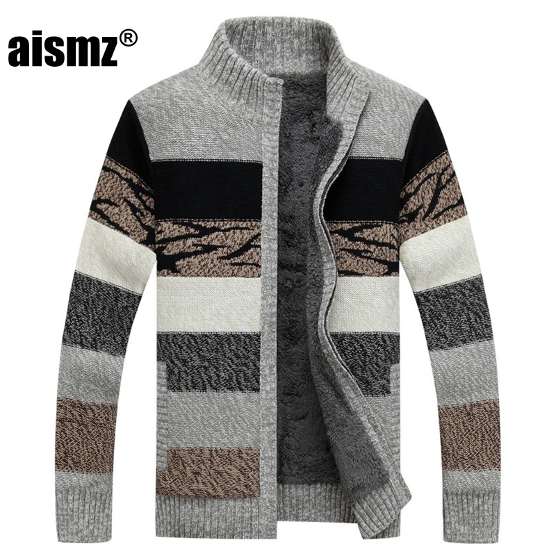 ^Cheap Aismz Brand Clothing Cardigan Winter Sweater Men Pattern Striped Zipper Thicken Fleece Coat Velvet Stand collar Mens Sweaters