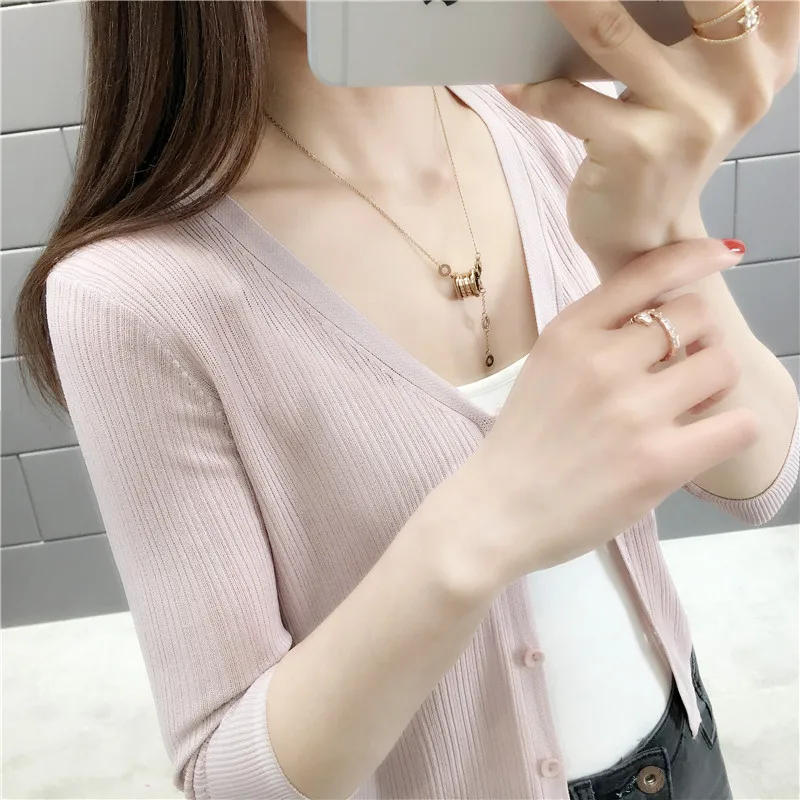 

Seven-point sleeve thin knit cardigan ladies sun protection clothing spring and summer new short thin section shawl outside