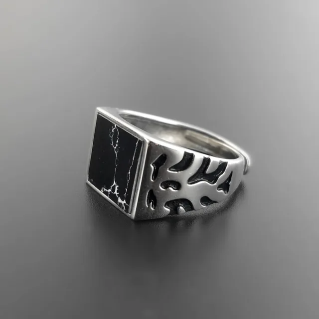 Natural Black Onyx Square Stone Sterling Silver Mens Ring