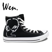Вэнь дизайн пользовательские черные ручная роспись обувь наушники Мужские Женские высокие холщовые кроссовки для подарков