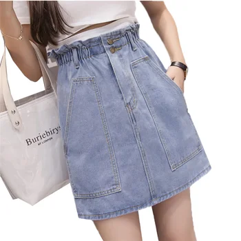 

Women Vintage High Waist Denim skirt 2019 New Fashion Slim Blue Casual Femme Short skirt Summer Solid color Ladies skirt JIA288