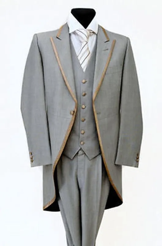 

2016 Slim Fit Morning Custom made Gray with Gold Trim Tailcoat Wedding Groomsmen Suits Groom Tuxedos ( jacket+Pants+vest+tie)