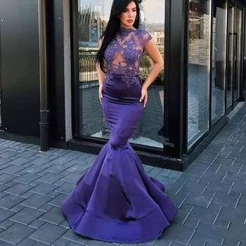 

Dark Purple Long Evening Gowns High Neck Short Sleeves Mermaid Party Dresses Sexy See Through Lace Applique Prom Gowns Custom