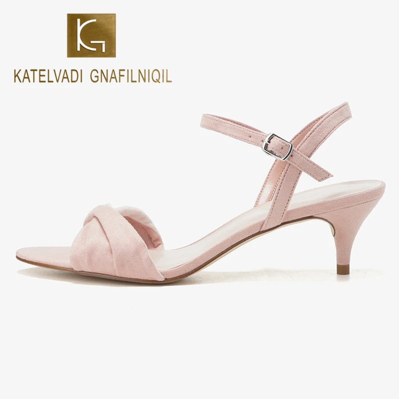 

KATELVADI Summer Women Sandals Sweet 5.3CM High Heels Pink Shoes Flock Ankle Strap Sandals Women Shoes Big Size 40 K-346