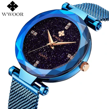 

WWOOR Quartz Watches Women Dress Watch Brand Luxury Stainless Steel Mesh Band Ladies Bracelet Watch Blue Clock Relogio Feminino