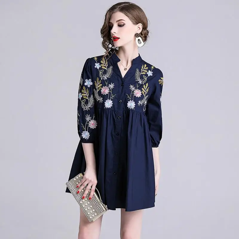 

CBAFU women cotton long shirt dress floral embroidery bohemian vintage style casual mini short dress female summer dress D368