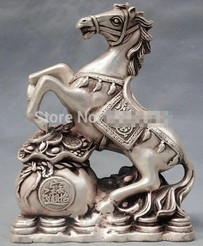 

WBY++++ free shipping 8'' China Silver Bronze Zodiac gold ingot horse Lucky Bronze Statue