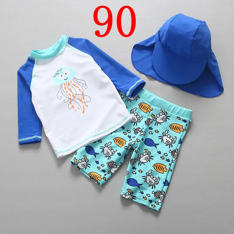 Купальный костюм для детей из трех предметов, защита от УФ-лучей 50, купальный костюм для мальчиков, одежда для купания с длинными рукавами синего цвета для малышей, пляжная одежда для малышей - Цвет: SIZE 90