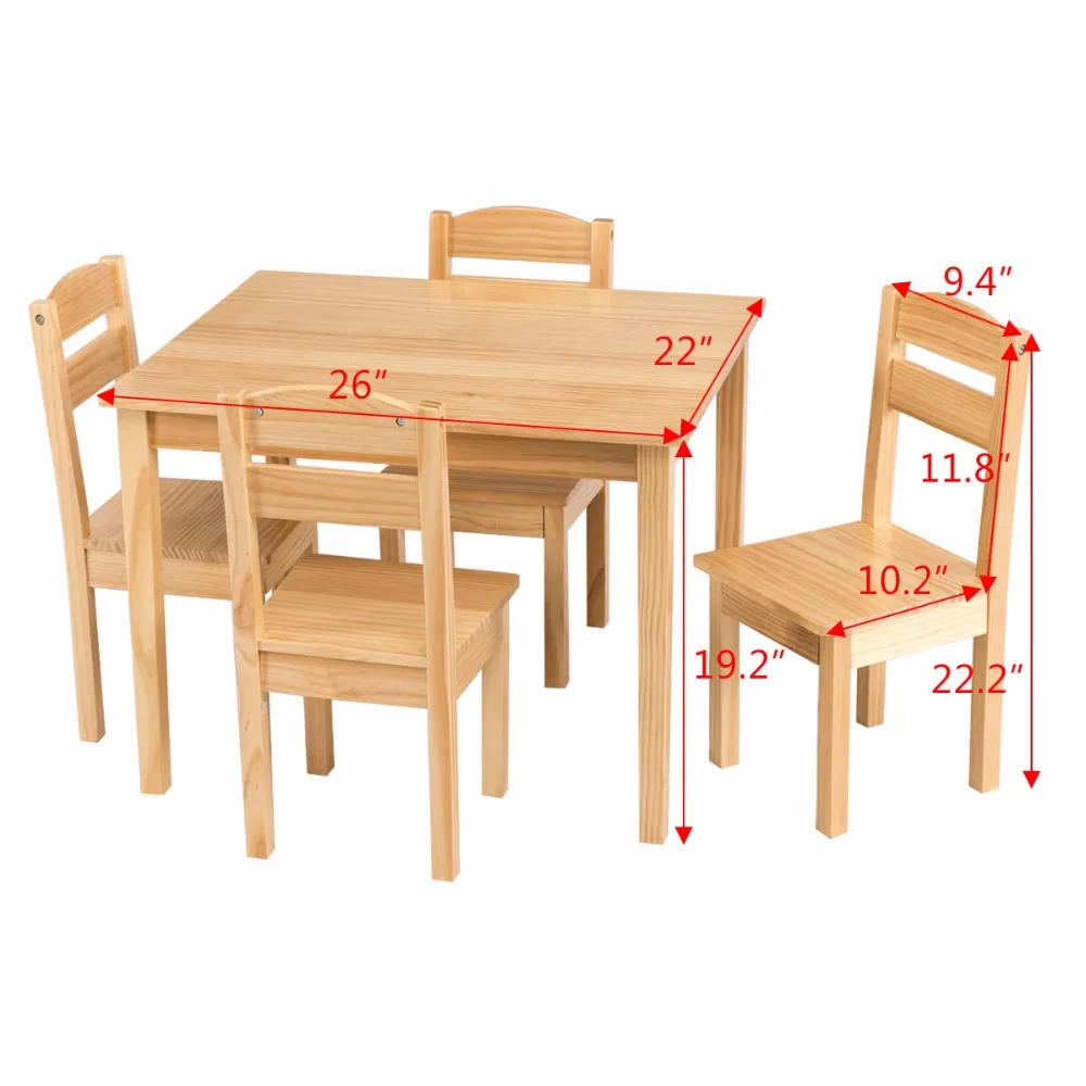 Goplus Kids 5 Piece Table Chair Set Pine Wood Children Play Room Furniture Natural New HW55008NA