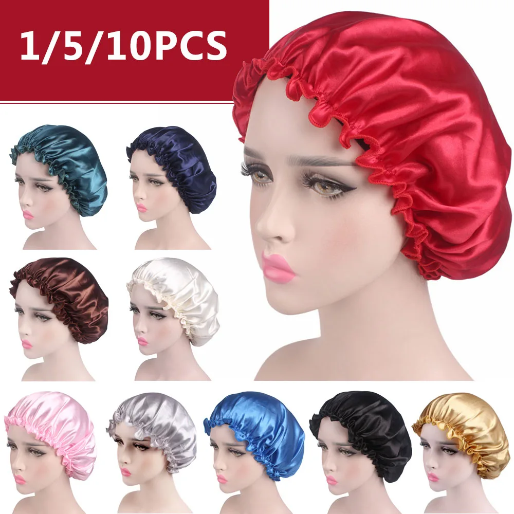 1/5/10pcs New 58cm Fashion Women Satin Cap Shower Caps Hair Hat