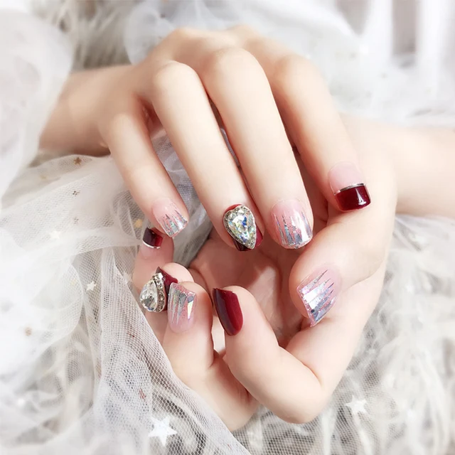 24pcs Set Pretty Blue Red Glitter False Nails Pre Design Full Cover 24pcs Set Pretty Blue Red Glitter False Nails Pre Design Full Cover Round Head