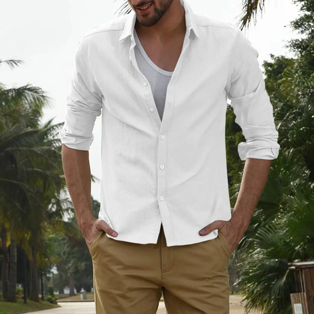 

Men's pure linen long-sleeved shirt men brand clothing men shirt M-3XL 3 colors solid white black shirts men camisa shirts mens