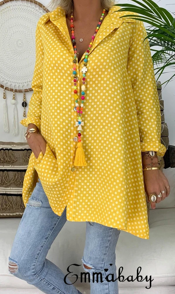 Plus Size S-3XL Women Dot V-neck Long Sleeve Blouses Ladies Shirts Summer Casual Tops Loose Long Blouse Streetwear Woman Clothes