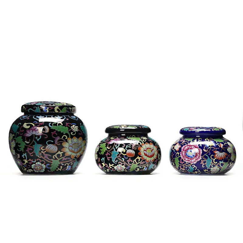 

Colorful Flower Black&Purple Glaze Ceramic Tea Cans Portable Travel Sealed Small Jar Tea Pot Tanks Palace Style Powder Storage