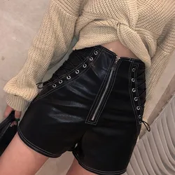 Summer Spring Streetwear High Waist Drawstring Design Women Leather Shorts Tight Solid Color Sexy Black White Female Shorts Summer Spring Streetwear High Waist Drawstring Design Women Leather Shorts Tight Solid Color Sexy Black White Female Shorts
