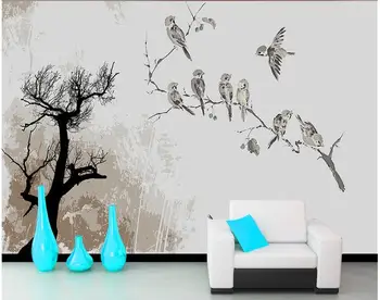 

customized wallpaper for walls 3d wallpaper Birds backdrop of ink painting on tree branches mural 3d wallpaper