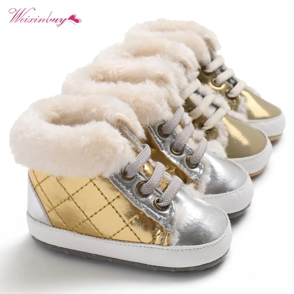 

WEIXINBUY Newborn Baby Girls Snow Boots Shoes Warm Plush Soft Bottom Baby Leather Winter Kids For Baby 0-18M