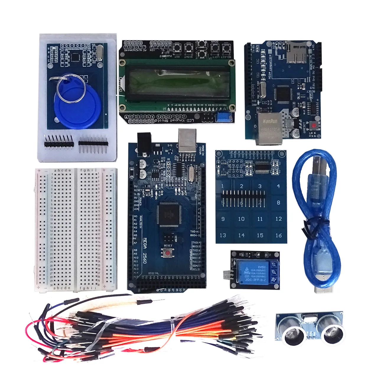 

Electronic diy Mega 2560 R3 kit for arduino + HC-SR04 +breadboard cable + relay module+ W5100 UNO shield + LCD1602 Keypad shield