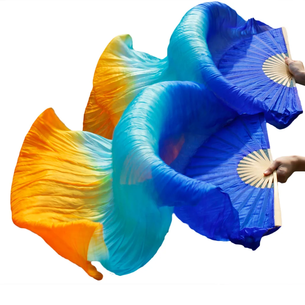 2018 Newest Belly Dance 100% Silk Fans Handmade Dance Fans 1 Left Hand+1 Right Hand Royal blue + Turquoise + Orange