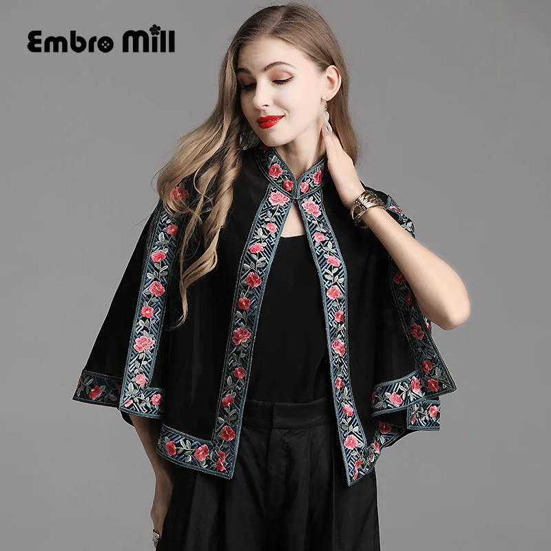 

High quality womens folk-custom tops summer embroidered short Small shawl cloak vintage floral lady Improvement cloak coat M-3XL