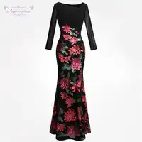Angel-fashions Women's Long Sleeves Embroidery Sequin Flowers Evening Dress Black 396