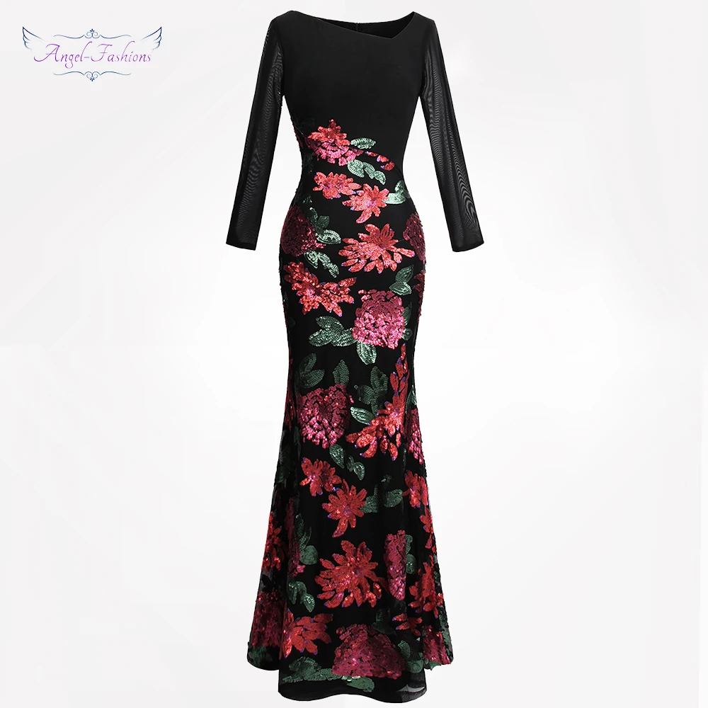 Женское вечернее платье Angel fashions черное с длинным рукавом и блестками|evening dress