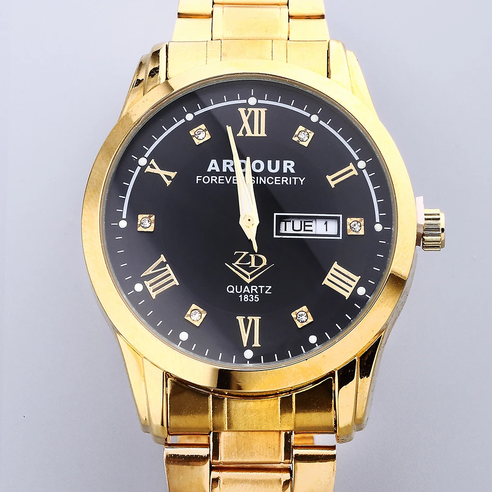 

Luxury 3 Color Black/Gold Dial Business 18K Gold Plated Stainless Steel Date Day Display Roman Numerals Analog Mens Wrist Watch