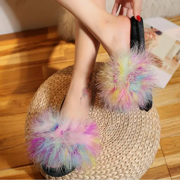 

2019 new spring and autumn new home cotton slip non-slip rubber sole women female ostrich hair home fur one slippers