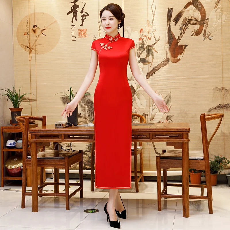 Горячие китайский для женщин Cheongsam леди Qipao черный с цветочным принтом длинное платье невесты Свадебные платья