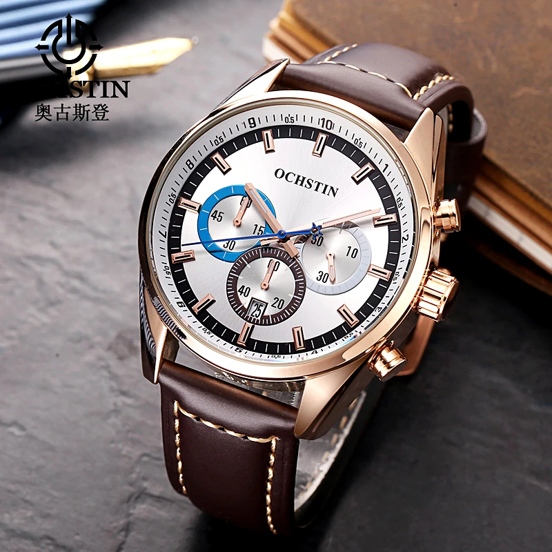

OCHSTIN Brand Luxury Men Business Gold Watches Quartz Leather Date Chronograph Men Sport Waterproof Wristwatch Relogio Masculino