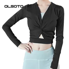 Осень женский однотонный спортивный Топ женский сексуальный v-образный вырез с длинным рукавом Фитнес Йога тренировочные дышащие облегающие Топы