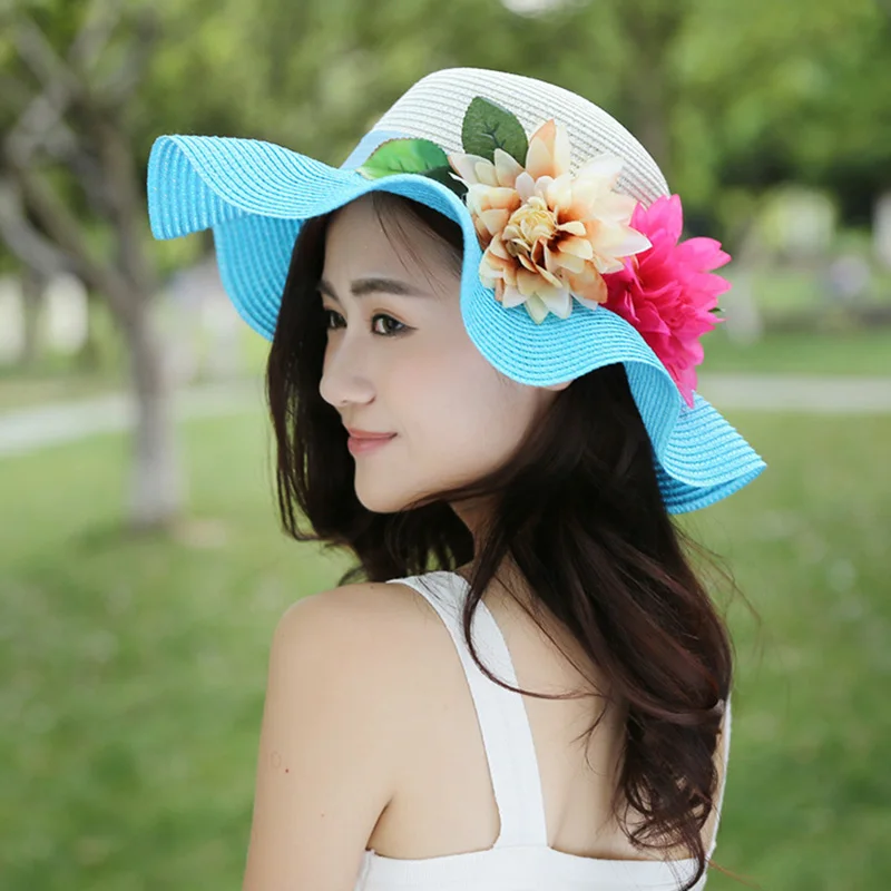 Flower Large Brim Floppy Straw Hat Women Contrast Summer Traveling Beach Sun Hats Fashion Leisure Big Brimmed Wavy Caps CP0205 (7)
