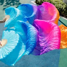 Хиты, высокая распродажа, Женская качественная шелковая вуаль для танца живота, веера, натуральный шелк, радужная цветная вуаль, одна пара(2 шт