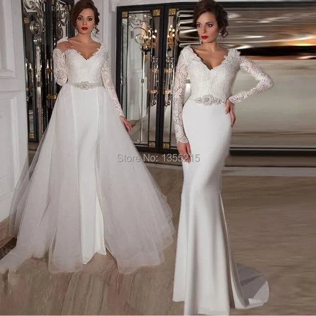 Elegant Long Sleeve Mermaid White Wedding Dresses 2016 Beaded Sashes Elegant Long Sleeve Mermaid White Wedding Dresses 2016 Beaded Sashes Bridal Gowns With Removable Train Vestido