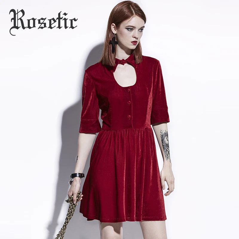 Růžové gotické šaty Tmavě červené ženy Letní A-Line Neformální šaty Goth Fashion Street Elegantní duté Preppy Vintage Gothics Dress
