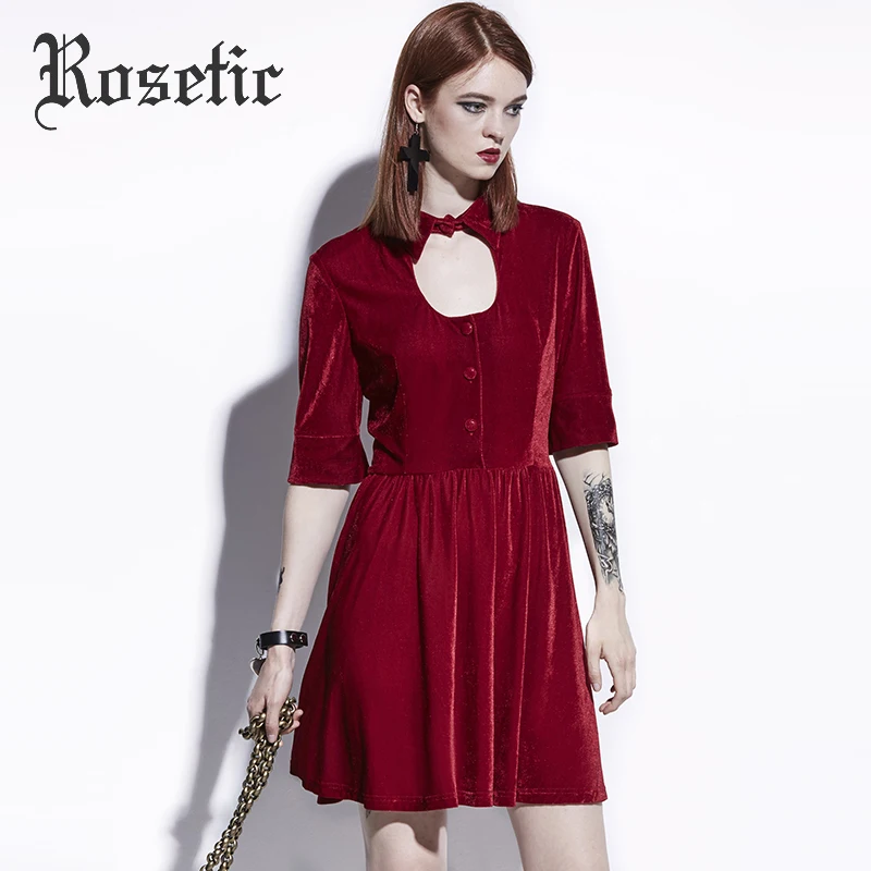 Beste Rosetic Gothic Jurk Dark Red Vrouwen Zomer A lijn Casual Jurken Goth Fashion Street Elegant Hollow Preppy Vintage Gothics Jurk