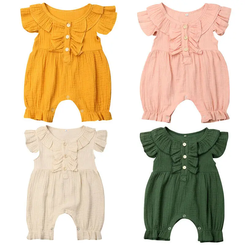 

Newborn Baby Girl Linen Clothes Baby Girl Ruffle Sleeve Romper Baby Solid Jumpsuit Kid Button Playsuit Kids Summer Outfits 0-24M