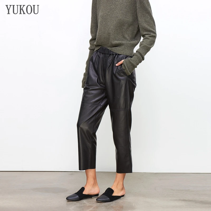 Vrouwen Broek 100% Echt Schapenleer 2019 Fashion Echte Echte Schapen Leather Crop Jeans Elastische Riem Taille Broek Vrouwen Broek 100% Echt Schapenleer 2019 Fashion Echte Echte Schapen Leather Crop Jeans Elastische Riem Taille Broek