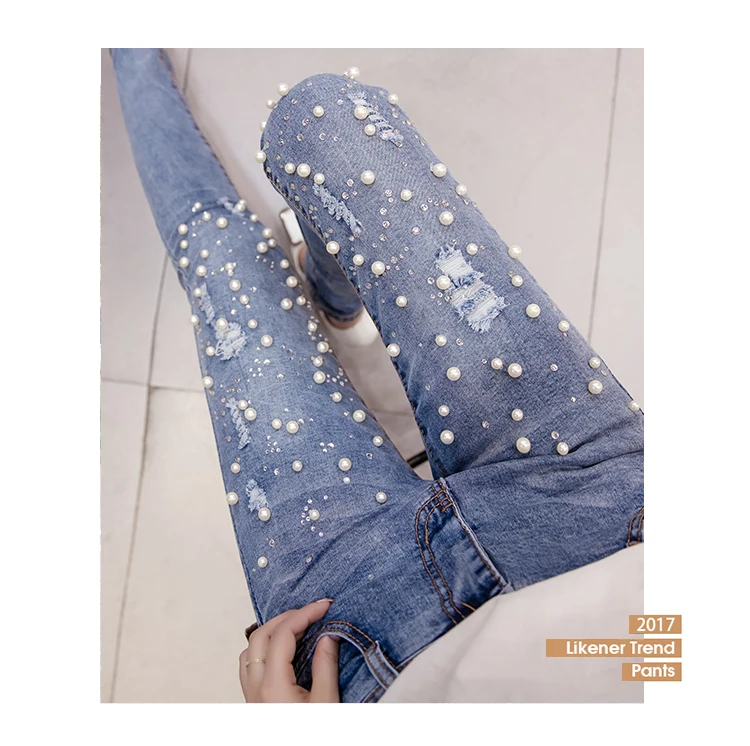 Рваные джинсы для женщин с Высокая талия Узкие рваные бисер стрейч карандаш брюки Девочек Деним, джинсы для женщин плюс размеры мотобрюки