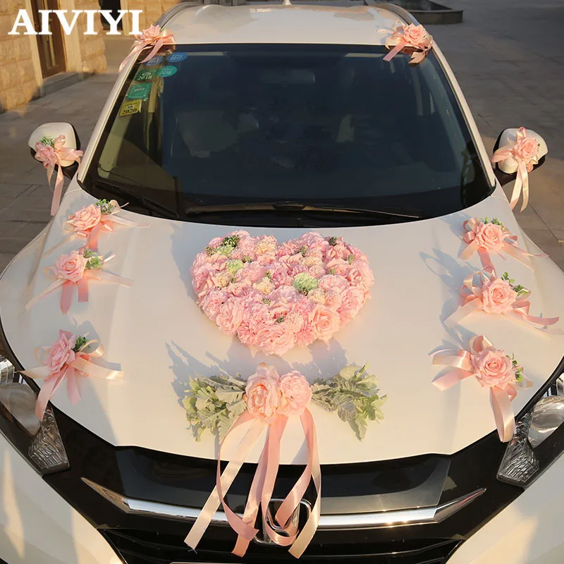 Artificial Flowers Pink simulation wedding car decoration silk rose flower car set heart shaped