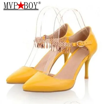 

MVP BOY Women Sexy High Heels Women Pointed Toe Pumps Two Piece Heels Bling Tassel Ladies Shoes Yellow Big Size 34-44