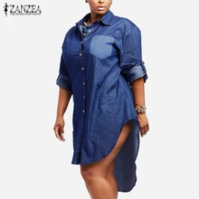 Oversized Dress 2018 Spring Autumn ZANZEA Women Denim Vintage Lapel Long Sleeve Irregular Hem Long Jeans Blouse Shirt Plus Size