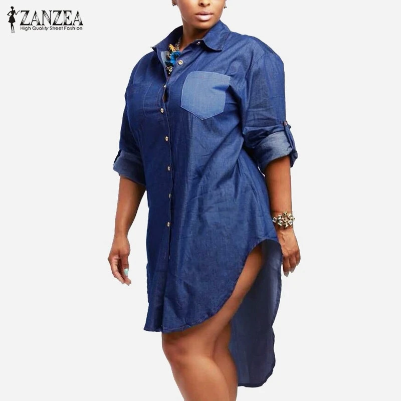 Oversized Dress 2019 Spring Autumn ZANZEA Women Denim Vintage Lapel Long Sleeve Irregular Hem Long Jeans Blouse Shirt Plus Size