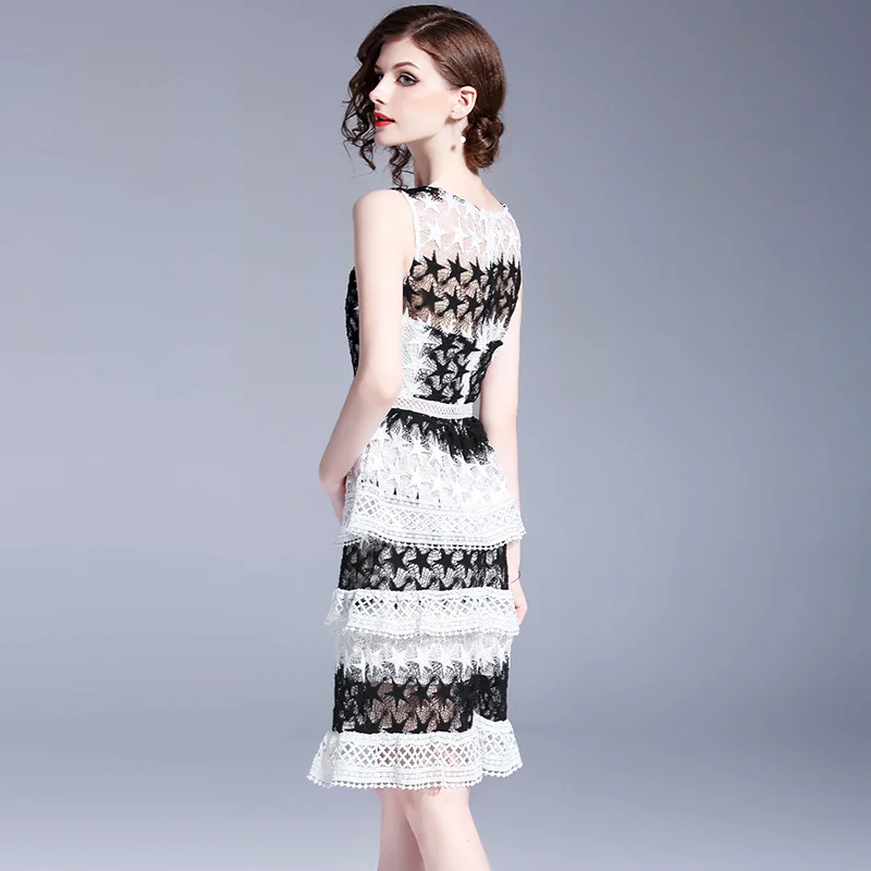 

2019 Summer Hollow Five-pointed Star Water Soluble Lace Dress Fashion Sexy Elegant Black White Party Dress Women Dinner Dresses